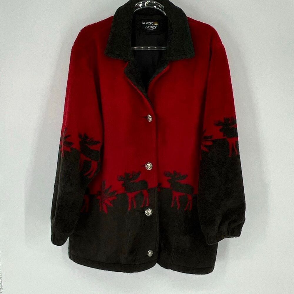 NORDIC LIGHTS Women’s Fleece Jacket L Red Black Moose Print Button Front USA Vtg